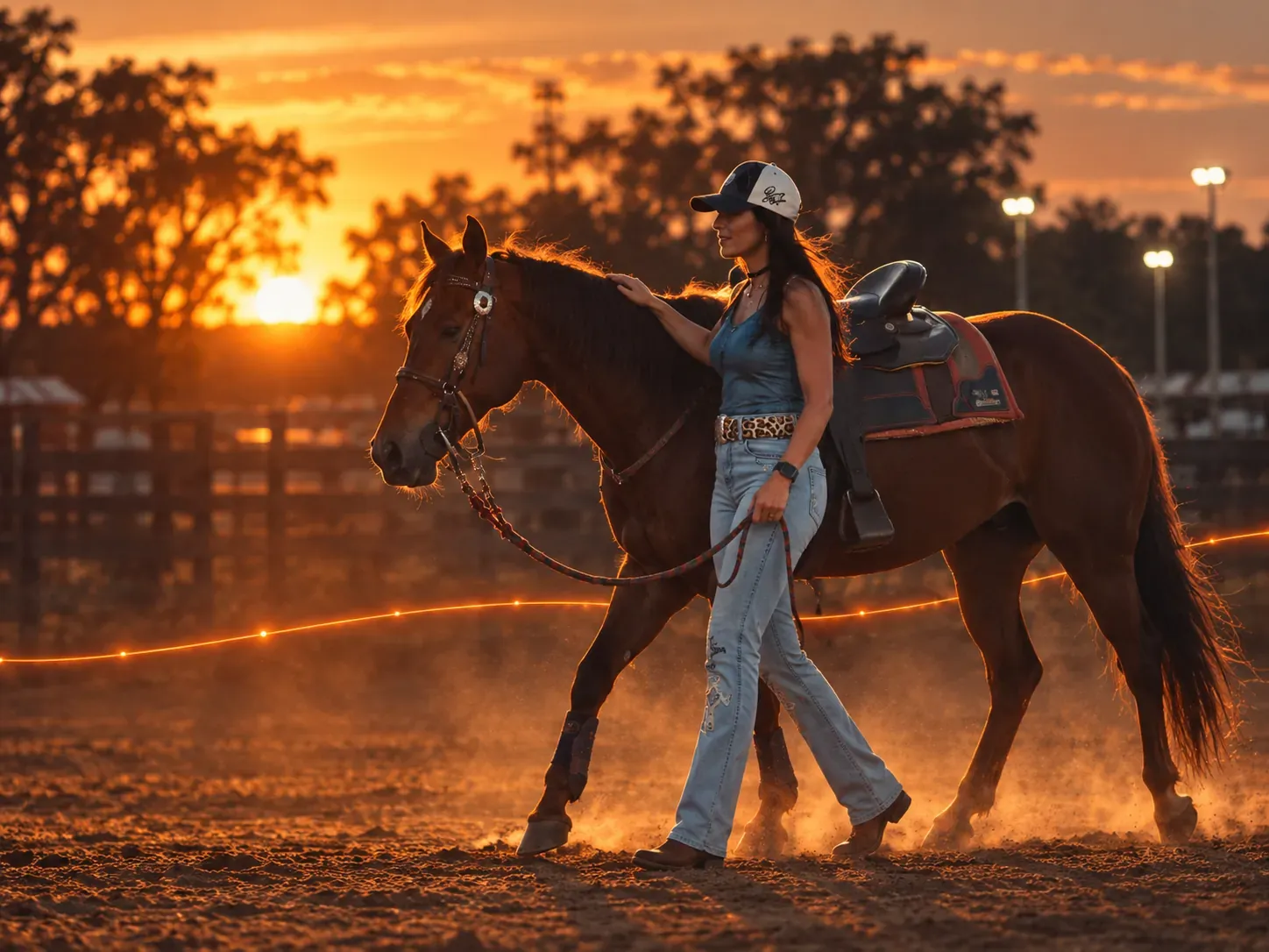 Vanessa Castro caminhando ao lado do cavalo ao pôr do sol depois da prova, serena