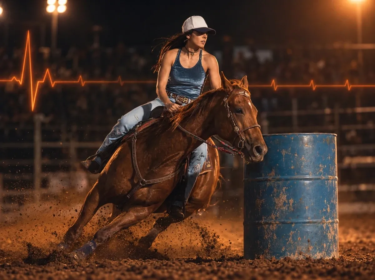 Vanessa Castro contornando o primeiro tambor a galope, focada, com poeira subindo